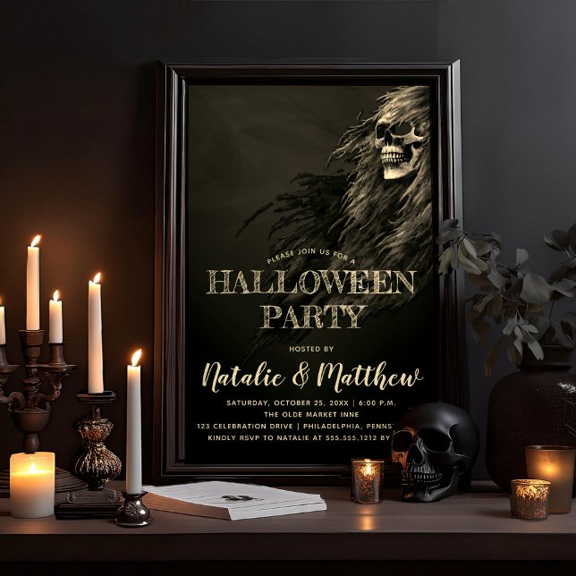 Invitación Creepe Hair Skull Halloween Party (Eerie Night, Creepy, Scary Hairy Skull Adult Halloween Party Invitation)