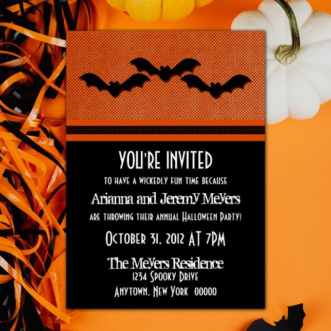 Invitación Creepy Bats Halloween Party Invitado, Naranja (Creepy Bats Halloween Party Invite - Orange)
