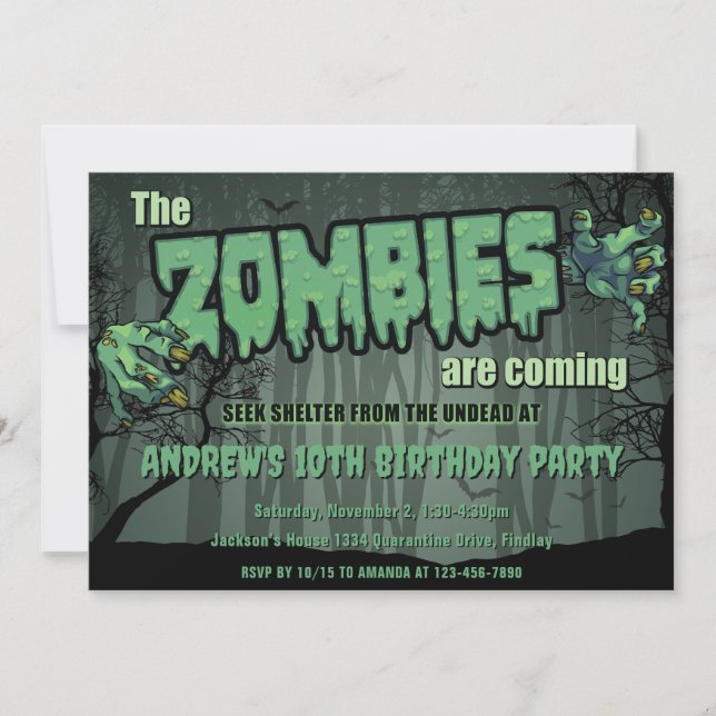 Invitación Creepy Dark Green Zombie Birthday Party (Anverso)
