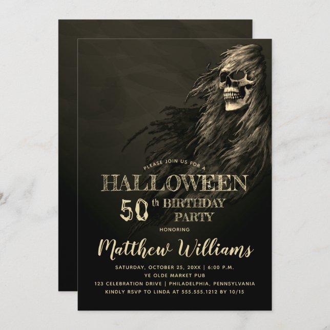 Invitación Creepy Hair Skull Halloween 50 cumpleaños fiesta e (Anverso / Reverso)
