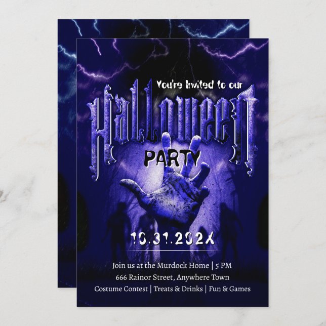 Invitación Creepy Halloween Party Zombies Blue Scary Night (Anverso / Reverso)