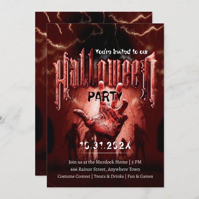 Invitación Creepy Halloween Party Zombies Red Scary Night (Anverso / Reverso)