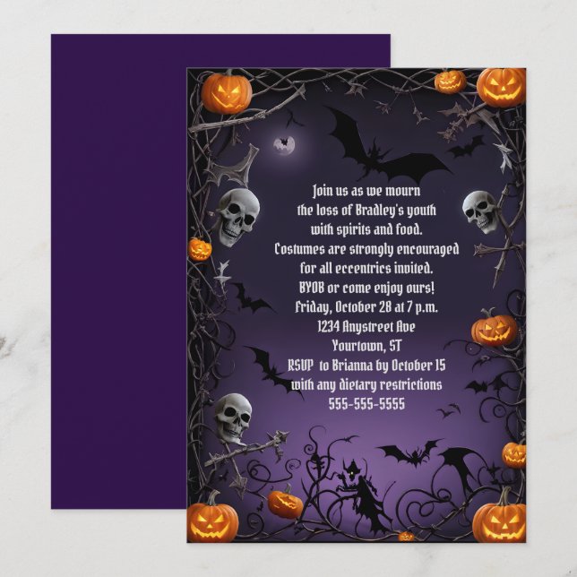 Invitación Creepy Skulls, fiesta de cumpleaños de Halloween p (Anverso / Reverso)