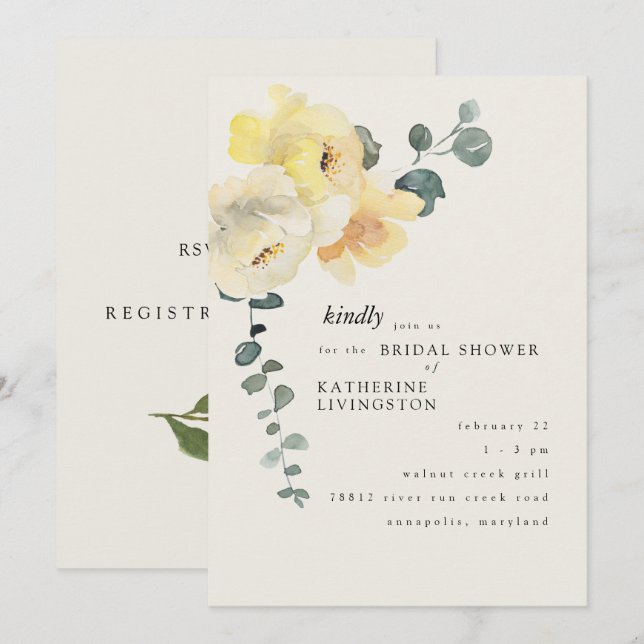 Invitación Crema Amarilla Floral Elegante Ducha Bridal (Anverso / Reverso)