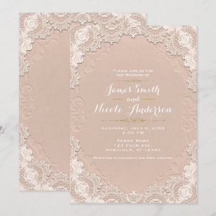 Invitación Crema Ante de cuero Vintage Lace Boda occidental