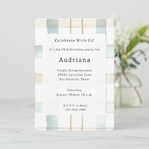 Invitación Crema azul franjas de plástico blanco cumpleaños
