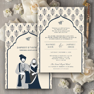 Invitación Crema Azul Marino Punjabi Anand Karaj Boda Sikh