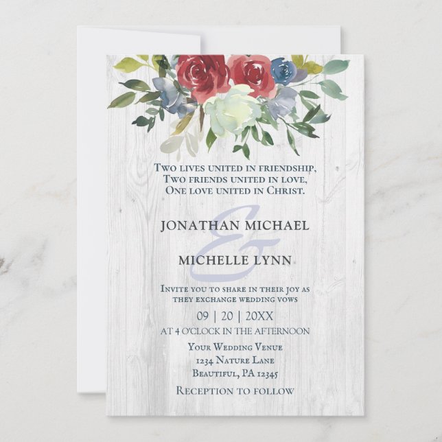 Invitación Crema azul rojo Floral Madera blanca Boda cristian (Anverso)