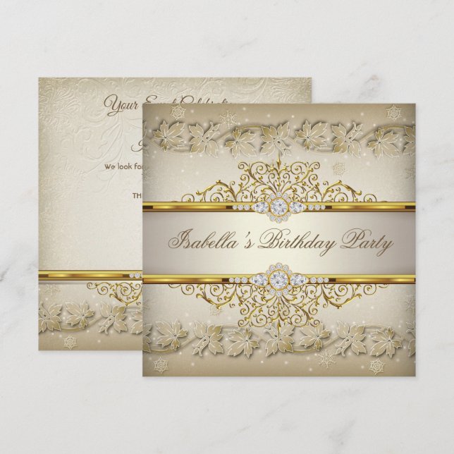 Invitación Crema Beige Blanco Dorado Fiesta de Cumpleaños Ele (Anverso / Reverso)