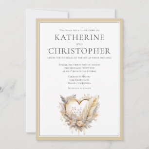 Invitación Crema Beige Gray Feathers Heart Boho Boda