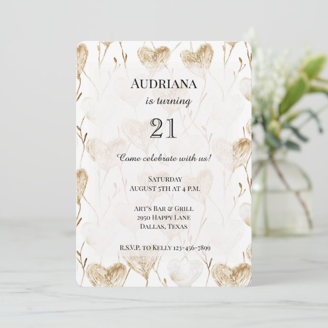 Invitación Crema beige marrón corazón blanco boho cumpleaños (Anverso de pie)