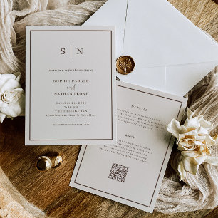 Invitación Crema Blanca Minimalista y Chic Todo en Uno Boda