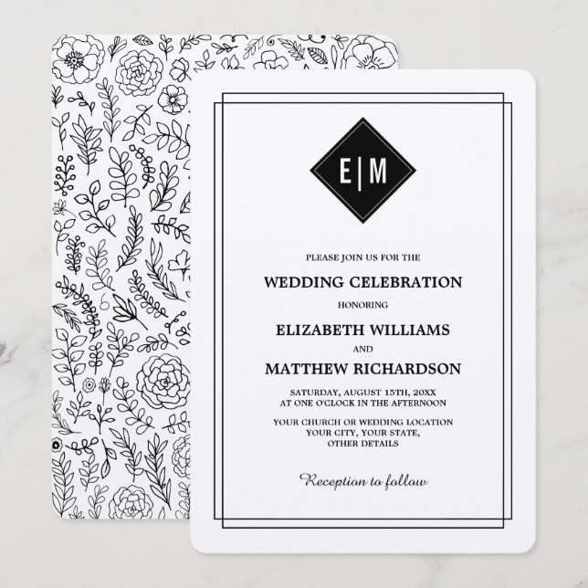 Invitación Crema | Boda de patrón floral negro (Anverso / Reverso)