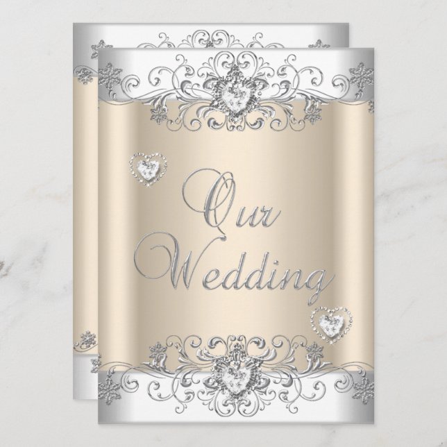 Invitación Crema Boda Plata Corazones de Diamante Blanco (Anverso / Reverso)