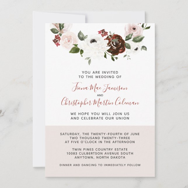 Invitación Crema borgoñona Boda floral rosa con polvo (Anverso)