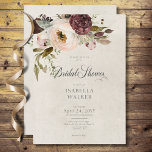 Invitación Crema borgoñona rosa de vintage peonies ducha de n<br><div class="desc">Presentamos nuestra encantadora invitación romántica a la ducha de novias, donde el encanto vintage y la belleza intemporal se entrelazan. Contra un fondo vintage de crema blanda y afligida, los ramos de borgoñas blandas, peonías de color rosa malva y nata acuarela ocupan el centro del escenario, adornados con delicada vegetación...</div>