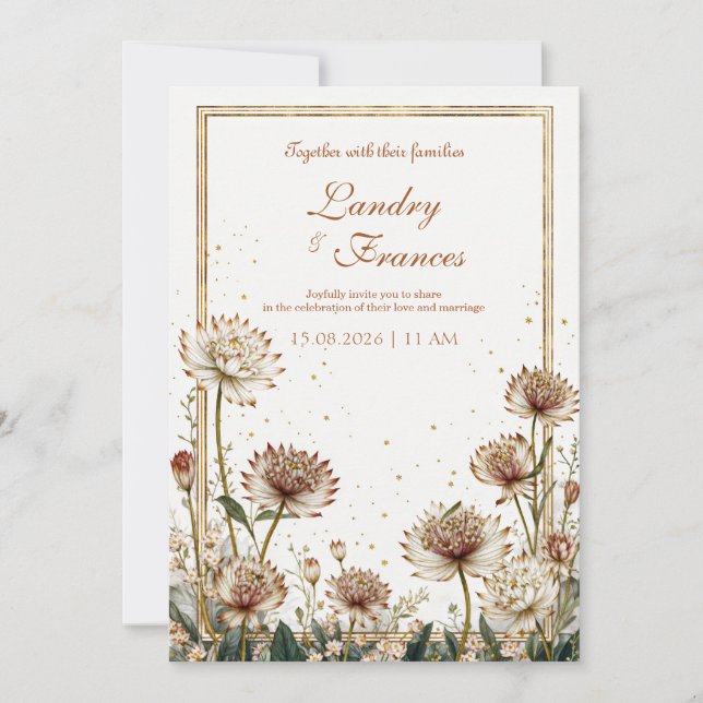 Invitación Crema Botánica de Astrantia Dorada para Bodas (Anverso)