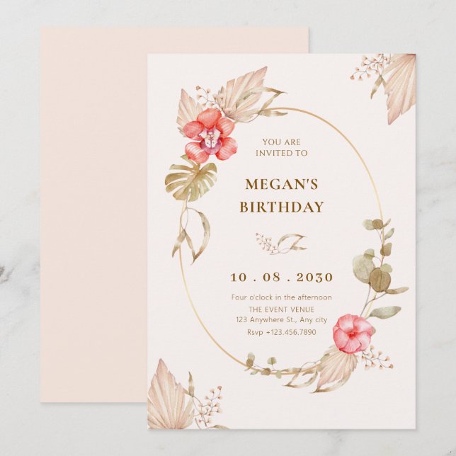 Invitación Crema calma floral elegante cumpleaños (Anverso / Reverso)