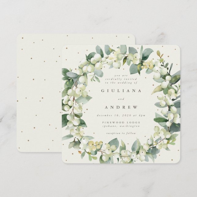 Invitación Crema cuadrada Snowberry+Eucalyptus Wreath Boda (Anverso / Reverso)