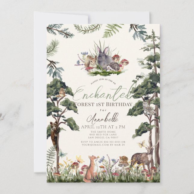 Invitación Crema de animales de bosque encantados (Anverso)