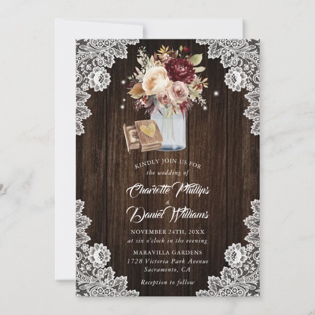 Invitación Crema de Borgoña Mauve Boda floral de madera rústi (Anverso)