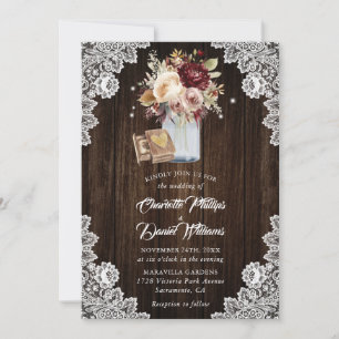 Invitación Crema de Borgoña Mauve Boda floral de madera rústi