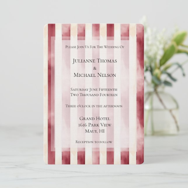 Invitación Crema de Borgoña Romántico Stripes Boda (Anverso de pie)