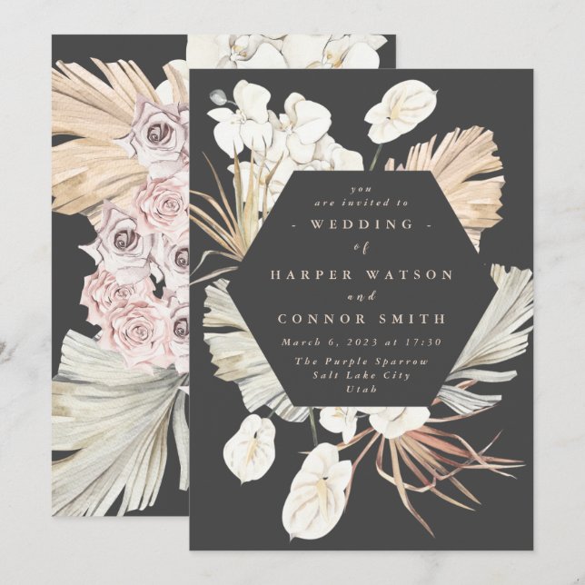 Invitación Crema de carbón vegetal Pampas Boda de jungla flor (Anverso / Reverso)