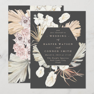 Invitación Crema de carbón vegetal Pampas Boda de jungla flor