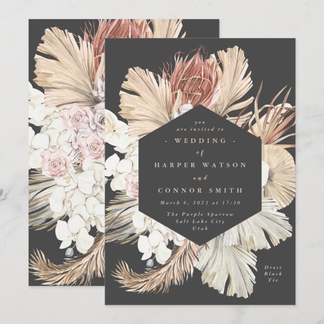 Invitación Crema de carbón vegetal Pampas Boda gris seco de g (Anverso / Reverso)