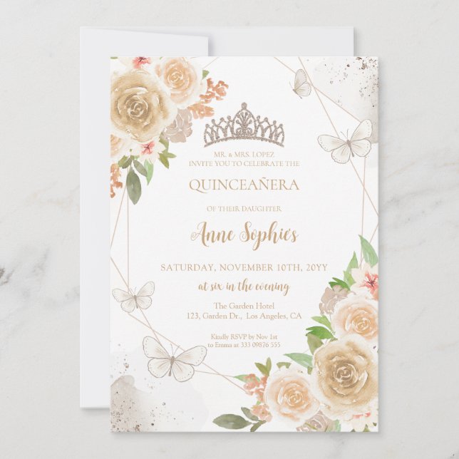 Invitación Crema de champán Quinceañera mariposa Tiara (Anverso)