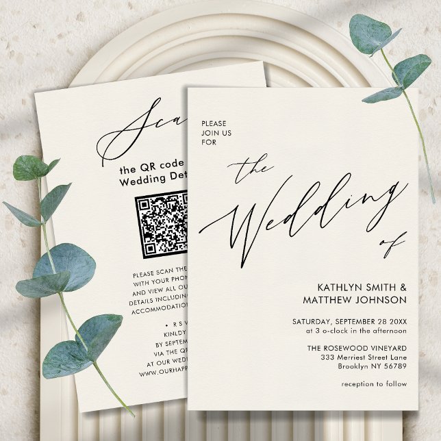 Invitación Crema de código QR en un Boda de Moda moderno (Subido por el creador)