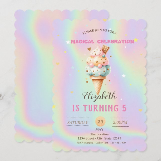 Invitación Crema de helado colorida Cumpleaños holográfico (Anverso / Reverso)