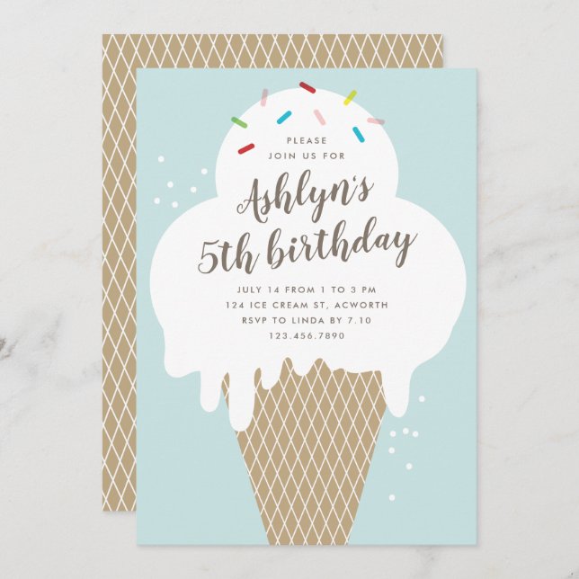 Invitación Crema de helado para los niños cumpleaños azul (Anverso / Reverso)