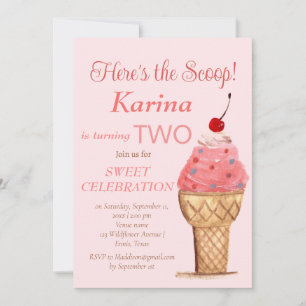 Invitación Crema de hielo 2º Chica de cumpleaños acuarela ros