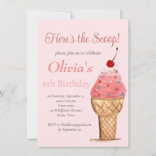 Invitación Crema de hielo 6 Chica de cumpleaños acuarela rosa