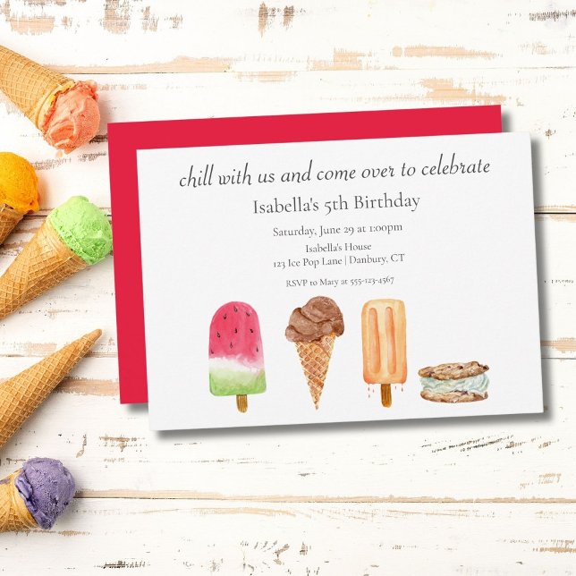 Invitación Crema de hielo acuarela y fiesta de cumpleaños de  (An adorable sweet watercolor that can be digital for easy sending as well! )
