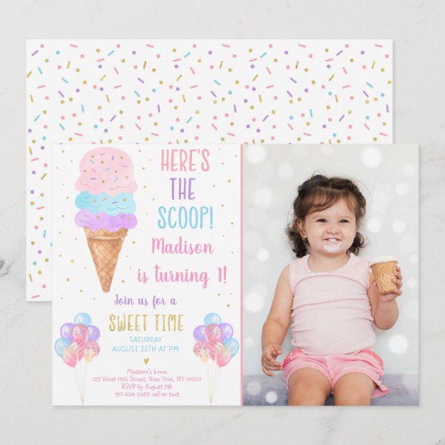 Invitación Crema de hielo arcoiris Acá es cumpleaños de Scoop (Anverso / Reverso)