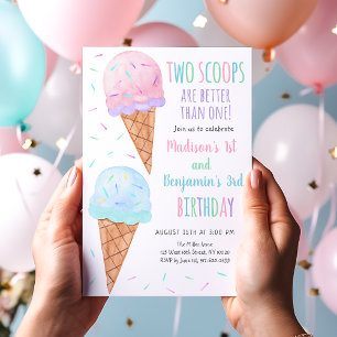 Invitación Crema de hielo azul rosa Dos copas cumpleaños