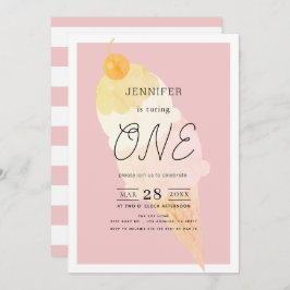 Invitación Crema de hielo Chica de franja rosada Primer cumpl