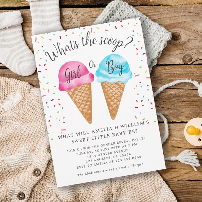 Invitación Crema de hielo: ¿Cuál es la Fiesta de revelación d (Ice Cream What's The Scoop Gender Reveal Party Invitation)