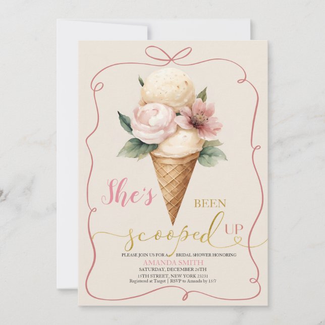 Invitación Crema De Hielo De Bow Rosado Cubrió Ducha De Novia (Anverso)