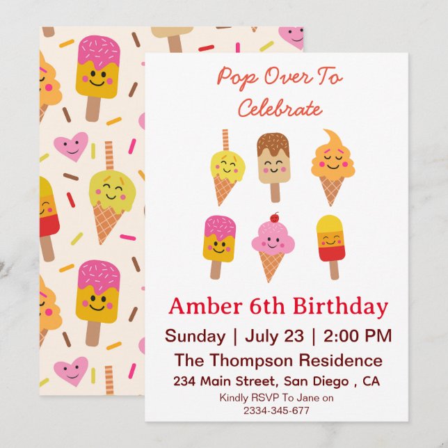 Invitación Crema de hielo de Kawaii y fiesta de cumpleaños de (Anverso / Reverso)