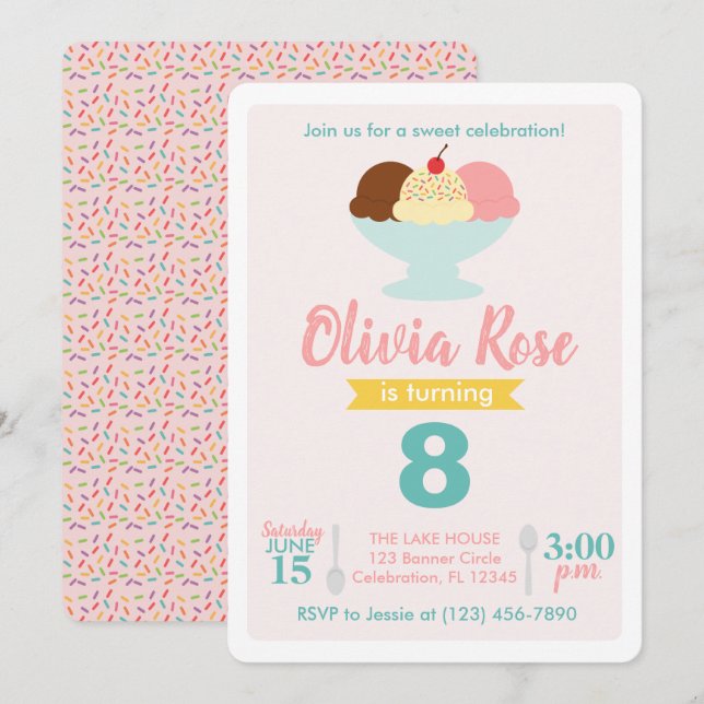 Invitación Crema de hielo Día Social Rosado y Verde azulado (Anverso / Reverso)