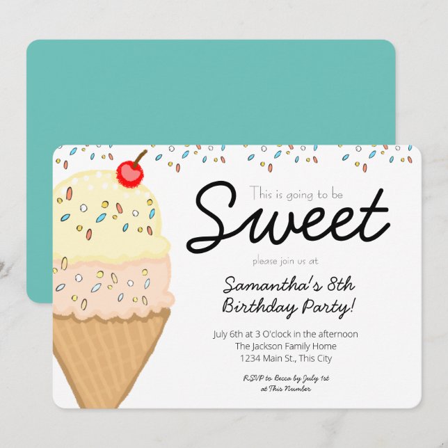 Invitación Crema de hielo Esta será la fiesta de cumpleaños (Anverso / Reverso)