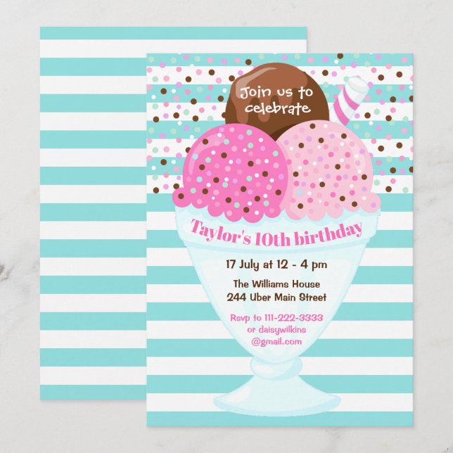 Invitación Crema de hielo Fiesta de cumpleaños rosa y turques (Anverso / Reverso)