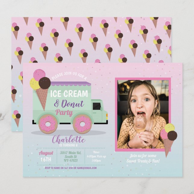 Invitación Crema de hielo Fiesta Donut Foto de cumpleaños Dou (Anverso / Reverso)