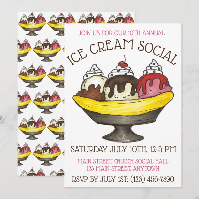 Invitación Crema de hielo Fiesta social postre banana Split S (Anverso / Reverso)