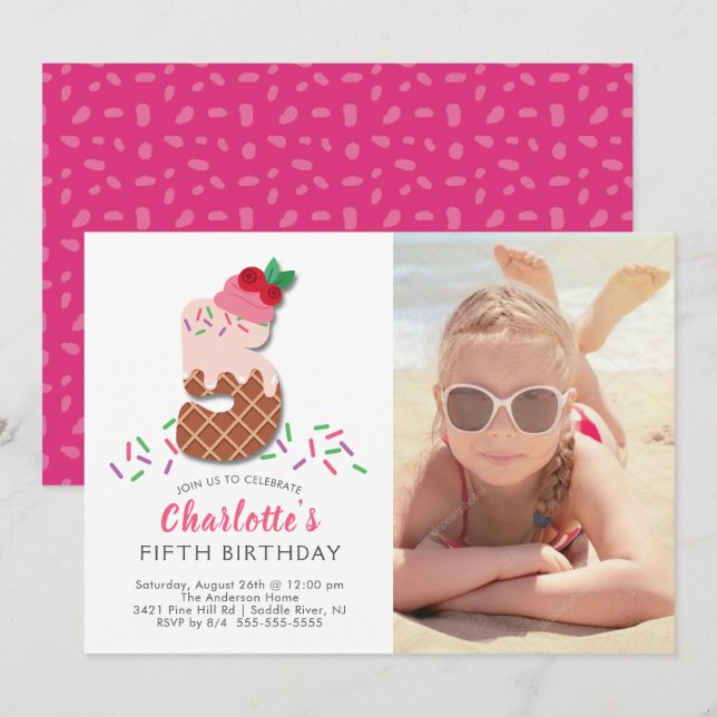 Invitación Crema de hielo fotográfico 5º cumpleaños Invitació (Anverso / Reverso)