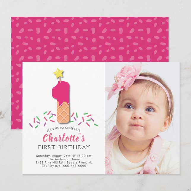 Invitación Crema de hielo fotográfico Primer cumpleaños Invit (Anverso / Reverso)